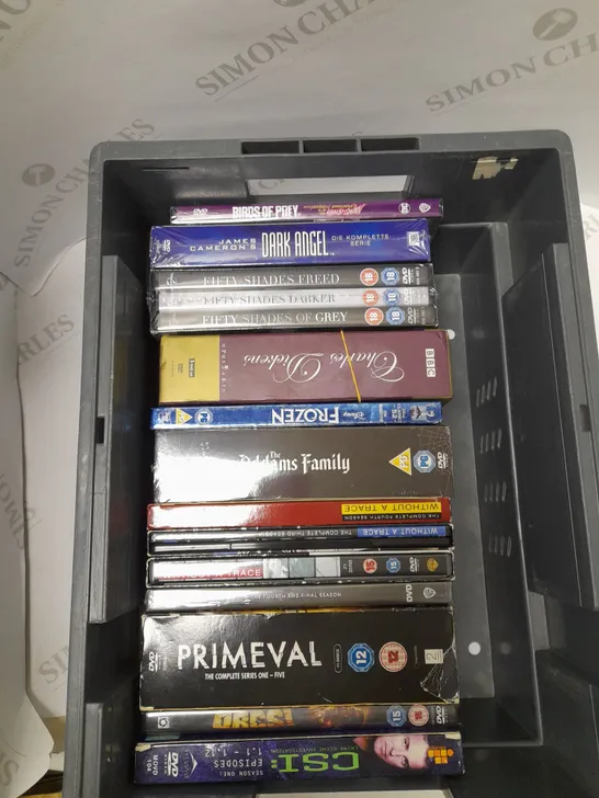 BOX OF APPROXIMATELY 15 ASSORTED DVDS & BOXSETS TO INCLUDE PRIMEVAL, ADAMS FAMILY, FIFTY SHADES ETC