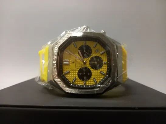 MENS LOUIS LACOMBE CHRONGRAPH WATCH – 3 SUB DIALS – YELLOW RUBBER STRAP