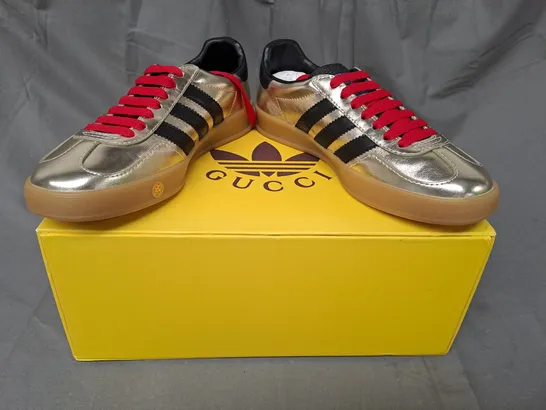 BOXED PAIR OF ADIDAS GUCCI GAZELLE SHOES IN METALLIC GOLD/BLACK UK SIZE 6