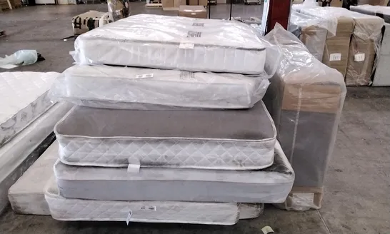 STACK OF APPROXIMATELY 6 ASSORTED MATTRESSES AND BED BASE 