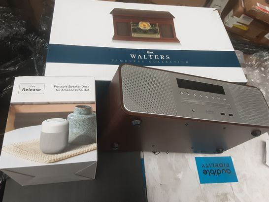PALLET OF ASSORTED ELECTRICAL PRODUCTS TO INCLUDE; 24 AUDIBLE FIDELITY COMPACT HIFI STEREO SYSTEMS, I BOX WALTERS TIMELESS COLLECTION AND I BOX RELEASE PORTABLE SPEAKER DOCK