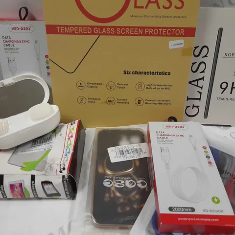 LARGE QUANTITY OF ASSORTED MOBILE PHONE ACCESSORIES TO INCLUDE; GLASS PROTECTOR, KOFOHO TEMPERED GLASS, VEN DENS DATA CHARGING AND SYNC CABLE, USB CHARGING CABLE, MOBILE CASES, ERA CLEAN ACCESSORY SET