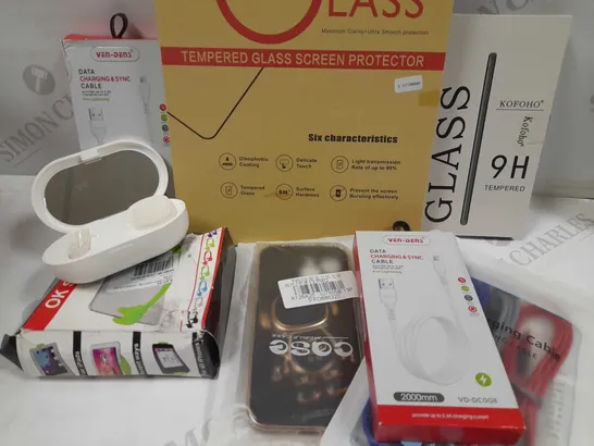 LARGE QUANTITY OF ASSORTED MOBILE PHONE ACCESSORIES TO INCLUDE; GLASS PROTECTOR, KOFOHO TEMPERED GLASS, VEN DENS DATA CHARGING AND SYNC CABLE, USB CHARGING CABLE, MOBILE CASES, ERA CLEAN ACCESSORY SET