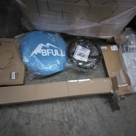 PALLET OF ASSORTED ITEMS INCLUDING RAS TP STEERING WHEEL, TOP STRONG MULTIFUNCTIONAL FOOD PROCESSOR, BFULL POPUP TENT, AAW TOILET SEAT COVER, TROTRONIC AIR PURIFIER 