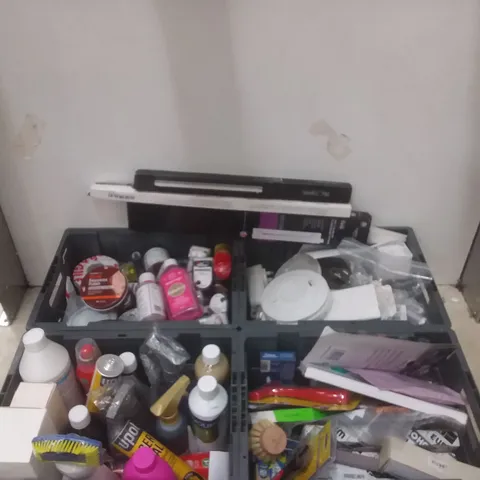 4 TOTES OF ASSORTED ITEMS INCLUDING, PAINTING SUPPLIES, CLEANING PRODUCTS, SMOKE ALARM AND UNDER CABINET LIGHT 