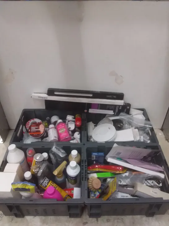 4 TOTES OF ASSORTED ITEMS INCLUDING, PAINTING SUPPLIES, CLEANING PRODUCTS, SMOKE ALARM AND UNDER CABINET LIGHT 