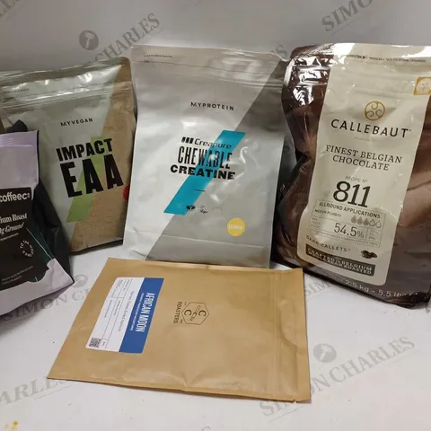 LOT OF APPROXMATELY 5 ITEMS TO INCLUDE CALLEBAUT BELGIAN CHOCOLATEDARK PELLETS COFFEE (2.5KG), MYPROTEIN CREAPURE CHEWABLE CREATINE LEMON (90 TABLETS), MYVEGAN IMPACT EAA STRAWBERRY & LIME (250g), ETC