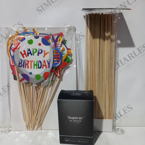 APPROXIMATELY 10 ASSORTED HOUSEHOLD ITEMS TO INCLUDE BAMBOO SKEWERS, SUPERER AC ADAPTER, BIRTHDAY DECORATIONS, ETC