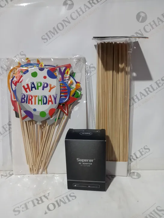 APPROXIMATELY 10 ASSORTED HOUSEHOLD ITEMS TO INCLUDE BAMBOO SKEWERS, SUPERER AC ADAPTER, BIRTHDAY DECORATIONS, ETC