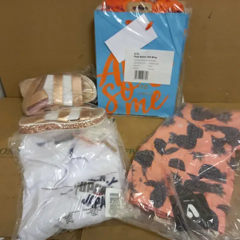 BOX OF APPROX 10 ASSORTED CLOTHING ITEMS TO INCLUDE SUPERDRY POLO SHIRT, VERY TROPICAL SHORTS, VERY ROSE GOLD SANDALS