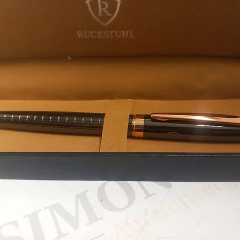 RUCKSTUHL STAINLESS STEEL LUXURY PEN IN GIFT BOX – BLACK & ROSE GOLD COLOUR CASE - HAND ASSEMBLED 