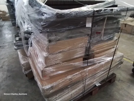 PALLET OF ASSORTED RATTAN GARDEN FURNITURE PARTS INCLUDING 5 × GREY TABLES, BROWN CUSHION BOX & PARTS