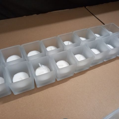 LOT OF 16 FROSTED GLASS SQUARE TEALIGHT HOLDERS WITH CANDLES