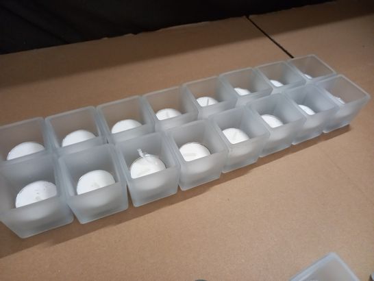 LOT OF 16 FROSTED GLASS SQUARE TEALIGHT HOLDERS WITH CANDLES