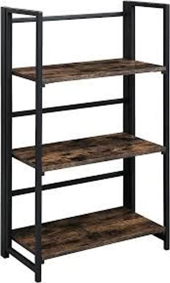 BRAND NEW BOXED LEEMTORIG 3 TIER BOOKSHELF BOOKCASE WITH BACK RAIL, VINTAGE STORAGE RACK WITH OPEN SHELVES, RUSTIC STANDING BOOKSHELVES METAL FRAME DISPLAY RACK (1 BOX)