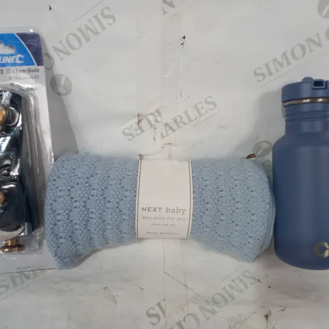 BOX OF APPROXIMATELY 10 ASSORTED HOUSEHOLD ITEMS TO INCLUDE BOTLE STAINLESS STEEL BOTTLE IN BLUE, NEXT BABY BLANKET IN LIGHT BLUE, SILVERLINE BLOCK PLANE NO.2, ETC