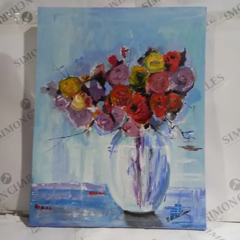 SIGNED CANVAS PAINTING OF FLOWERS IN A VASE