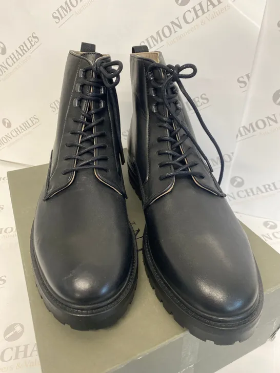 BOXED PAIR OF ALLSAINTS BLACK LAKER BOOTS SIZE 11