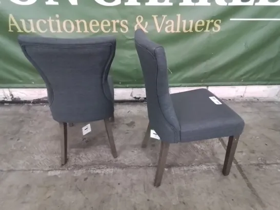 PAIR OF DESIGNER BEWLEY UPHOLSTERED BUTTONED BACK DINING CHAIRS SLATE FABRIC DARK LEGS