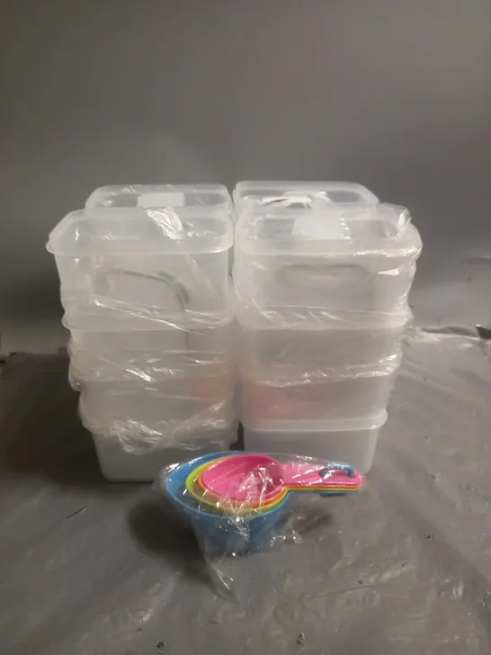 APPROXIMATELY 16 FOOD STORAGE CONTAINERS WITH LIDS AND MEASURING SPOONS