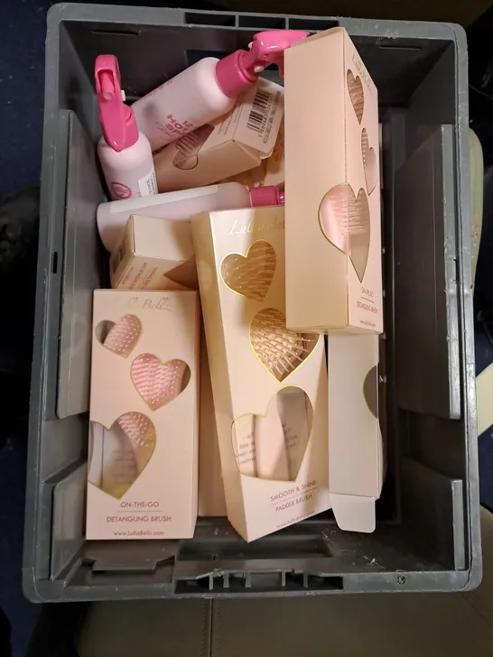 BOX OF LULLA BELLZ PRODUCTS TO INCLUDE BACK BRUSH, PADDLE BRUSH, HAIR SPRAY ETC 