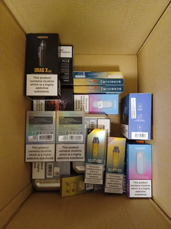 BOX OF APPROXIMATELY 30 E-CIGARETTE PRODUCTS TO INCLUDE VOOPOO ARGUS PRO, VOO POO VINCI POD, ARGUS GT II KIT ETC