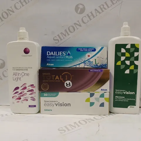 BOX OF APPROX 20 ASSORTED VISION CARE ITEMS TO INCLUDE - COOPER VISION ALL IN ONE LIGHT - DAILIES AQUACOMFORT PLUS CONTACT LENS - SPECSAVERS EASY VISION ALL PURPOSE ECT