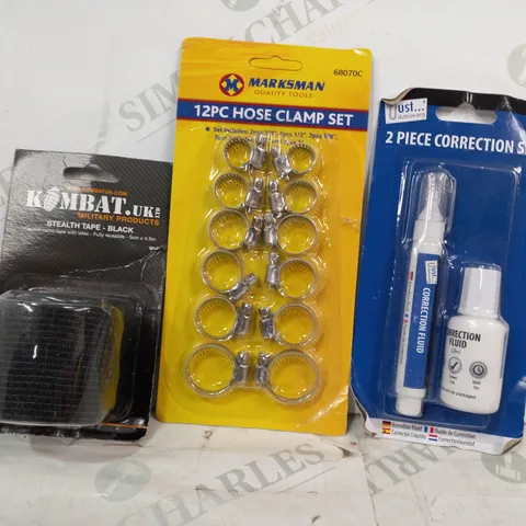 LOT OF APPROXIMATELY 10 ASSORTED HOUSEHOLD ITEMS TO INCLUDE 2 PIECE CORRECTION SET, 12 PIECE HOSE CLAMP SET, KOMBAT STEALTH TAPE, ETC