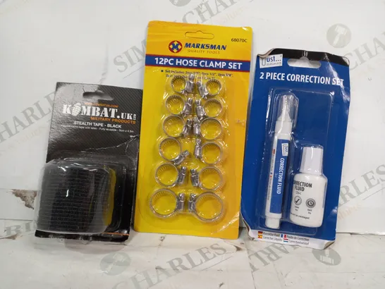 LOT OF APPROXIMATELY 10 ASSORTED HOUSEHOLD ITEMS TO INCLUDE 2 PIECE CORRECTION SET, 12 PIECE HOSE CLAMP SET, KOMBAT STEALTH TAPE, ETC