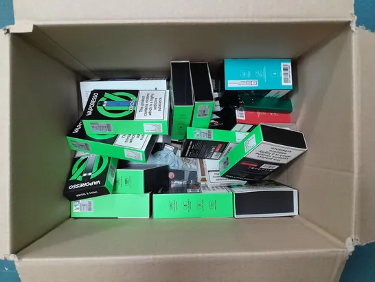 BOX OF APPROXIMATELY 15 ASSORTED E-CIGARATTES TO INCLUDE VAPORESSO, VOOPOO, ASPIRE ETC