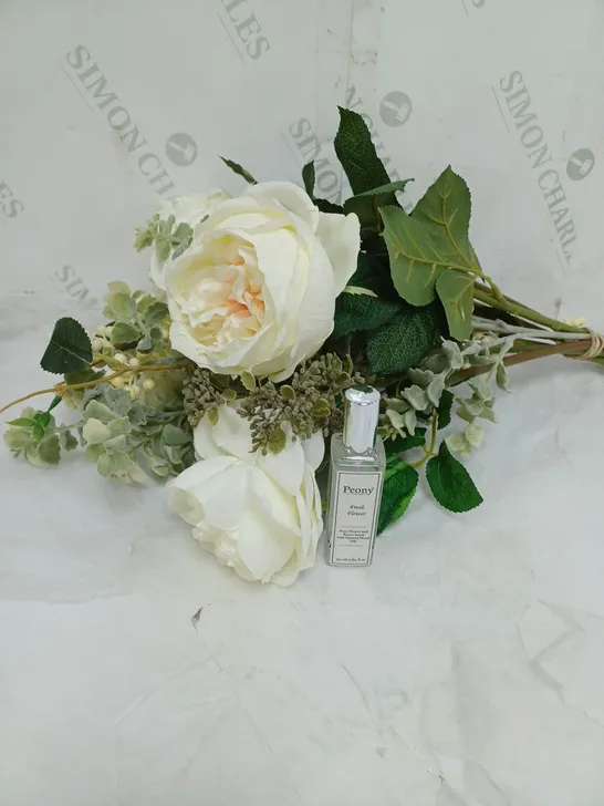 BOXED FAUX FLOWER ARRANGEMENT WHITE WITH VASE AND PEONY FLOWER AND ROOM SCENT