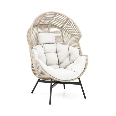 BOXED HEAVY-DUTY OVERSIZED EGG CHAIR PATIO WICKER LOUNGE CHAIR WITH RECLINED BACKREST AND ADJUSTABLE FOOTPADS - WHITE 