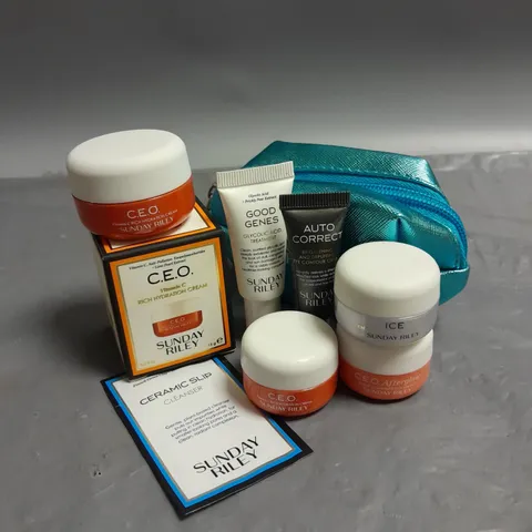 SUNDAY RILEY LOT OF 6 SKINCARE PRODUCTS TO INCLUDE - VITAMIN C RICH HYDRATION CREAM - GOOD GENES GLYCOLIC ACID TREATMENT - AUTO CORRECT BRIGHTENING AND DEPUFFING EYE CONTOUR CREAM - ETC