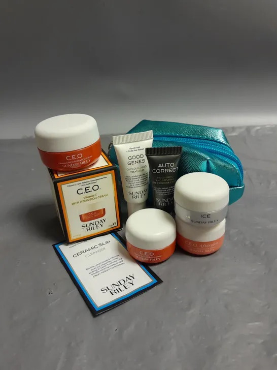 SUNDAY RILEY LOT OF 6 SKINCARE PRODUCTS TO INCLUDE - VITAMIN C RICH HYDRATION CREAM - GOOD GENES GLYCOLIC ACID TREATMENT - AUTO CORRECT BRIGHTENING AND DEPUFFING EYE CONTOUR CREAM - ETC