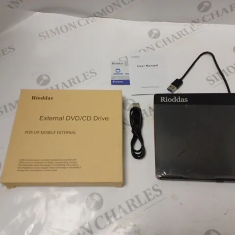 BOXED RIODDAS EXTERNAL CD/DVD DRIVE WITH USB CABLES AND INSTRUCTIONS