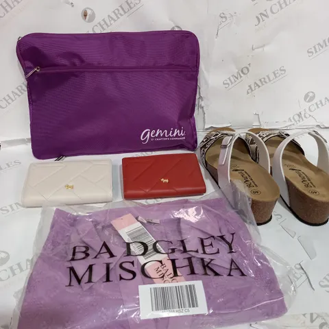 BOX OF APPROXIMATELY 10 ASSORTED ITEMS TO INCLUDE PURSE, CLOTHING, SANDALS ETC