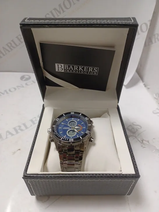 BOXED BARKERS OF KENSINGTON PREMIER SPORT BLUE DIAL WATCH 