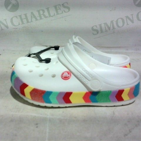 PAIR OF CROCS (WHITE WITH COLOURFUL PATTERN), SIZE 32-33 EU