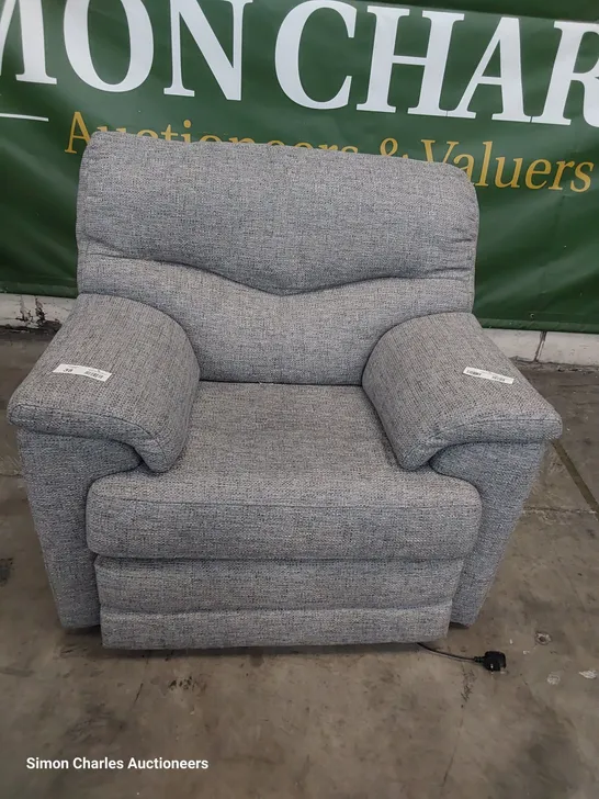 QUALITY BRITISH DESIGNER G PLAN STRATFORD POWER RECLINING EASY CHAIR REED PEWTER FABRIC 