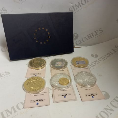 SET OF 6 COLLECTIBLE COINS, TO INCLUDE ISLE OF MAN, BRITISH BANKNOTES, PORTRAIT OF A QUEEN & THE TWELVE APOSTLES