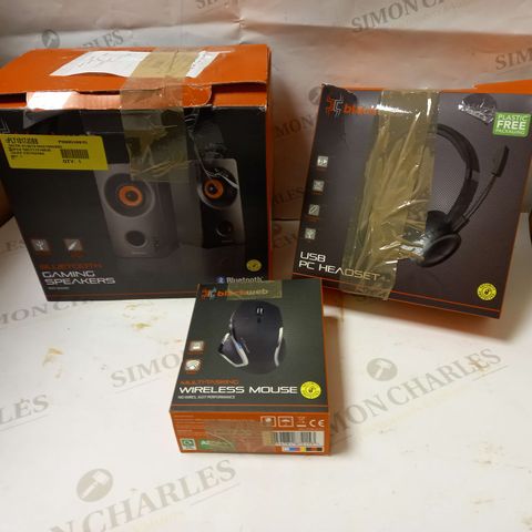 LOT OF 3 ASSORTED BLACK WEB ITEMS TO INCLUDE BLUETOOTH GAMING SPEAKERS, PC HEADSET, WIRELESS MOUSE