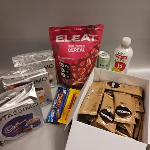 APPROXIMATELY 10 ASSORTED FOOD/DRINK PRODUCTS TO INCLUDE ELEAT PROTEIN CEREAL, NESCAFE LATTE, TASSIMO COFFEE PODS ETC 