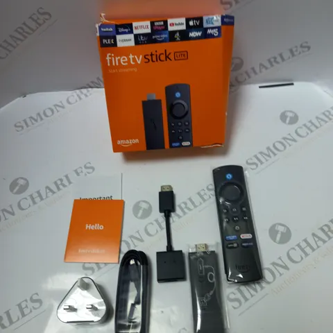 BOXED AMAZON FIRE TV STICK LITE WITH REMOTE CONTROL, ACCESSORIES AND INSTRUCTIONS