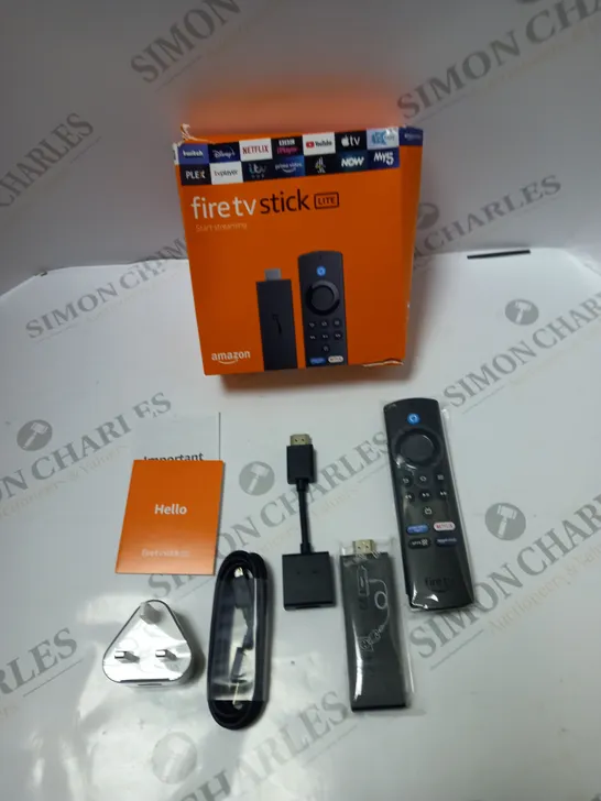 BOXED AMAZON FIRE TV STICK LITE WITH REMOTE CONTROL, ACCESSORIES AND INSTRUCTIONS