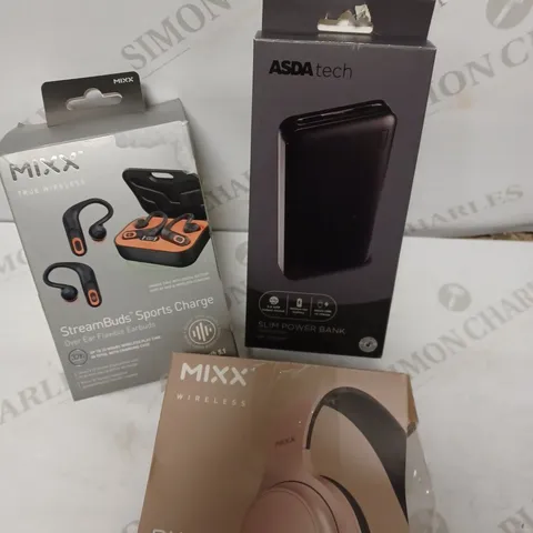 LOT OF THREE TO INCLUDE HEADPHONES , SLIM POWER BANK ETC