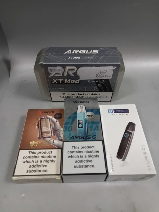 BOX OF APPROXIMATELY 10 ASSORTED E-CIGARATTES TO INCLUDE VOOPOO, ASPIRE, PRIMESTIQ ETC.