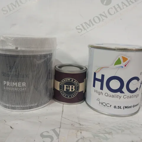 LOT OF APPROXIMATELY 10 ASSORTED HOUSEHOLD ITEMS TO INCLUDE FARROW & BALL GREEN SMOKE ESTATE EMULSION, HQC IN MINT GREEN, STONELUX PRIMER & UNDERCOAT, ETC