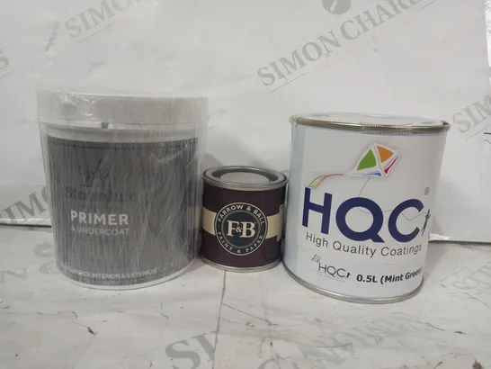 LOT OF APPROXIMATELY 10 ASSORTED HOUSEHOLD ITEMS TO INCLUDE FARROW & BALL GREEN SMOKE ESTATE EMULSION, HQC IN MINT GREEN, STONELUX PRIMER & UNDERCOAT, ETC