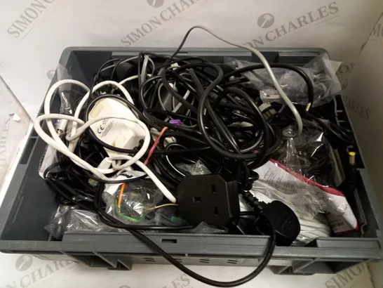 LOT OF ASSORTED POWER CABLES AND CONNECTORS TO INCLUDE LAPTOP CHARGERS, LANDLINE CABLES, SKY BOX CABLES, ETC