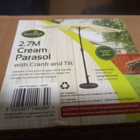 BOXED GARDENKRAFT 2.7M CREAM PARASOL WITH CRANK & TILT - COLLECTION ONLY